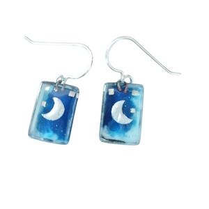 Momo Glassworks Earrings Handcrafted Fused Glass Blue Silver Moon Drops